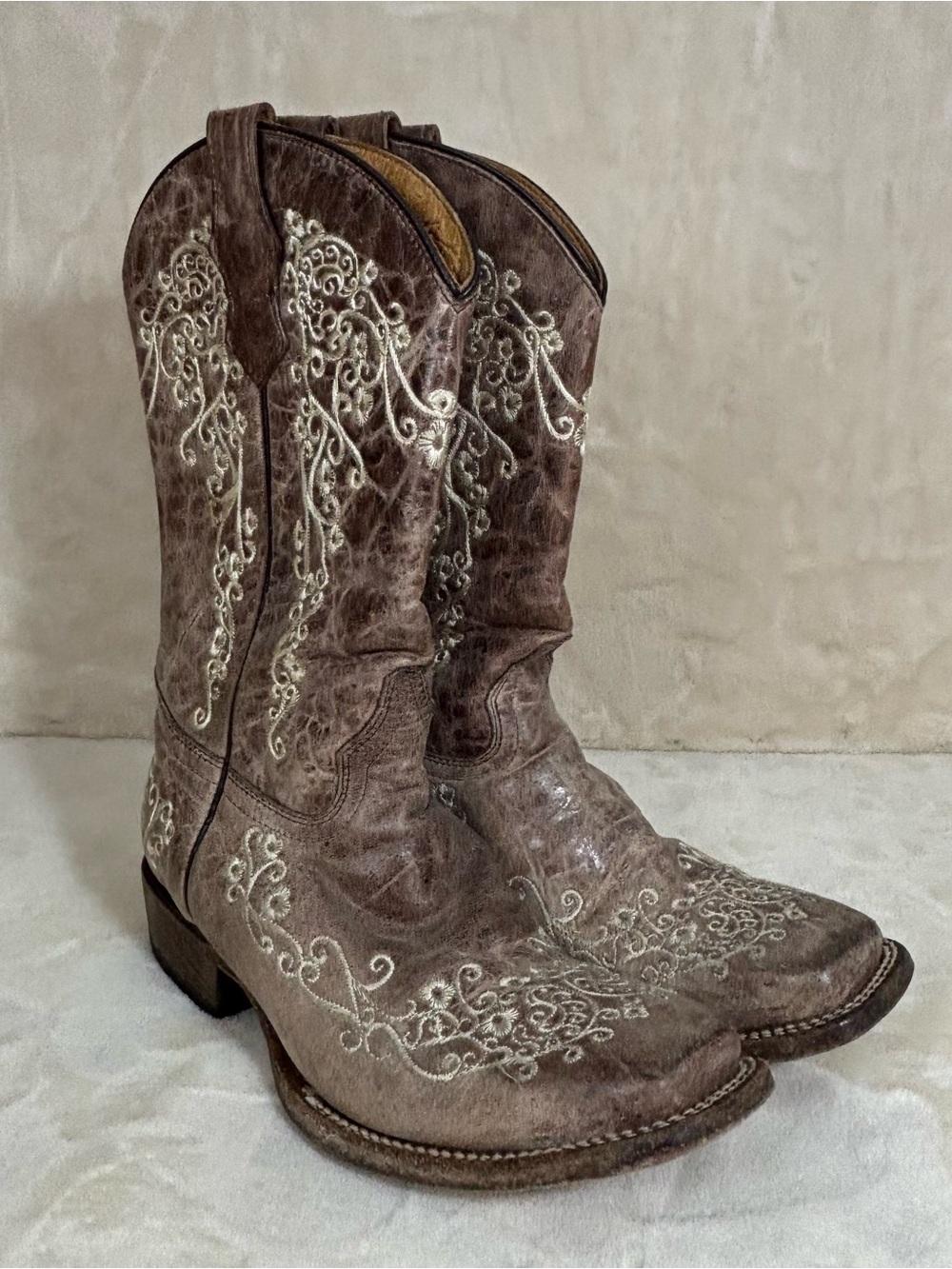 Corral Teens Lisa Roper Brown Bone Embroidery Square Toe Western Size 4.5